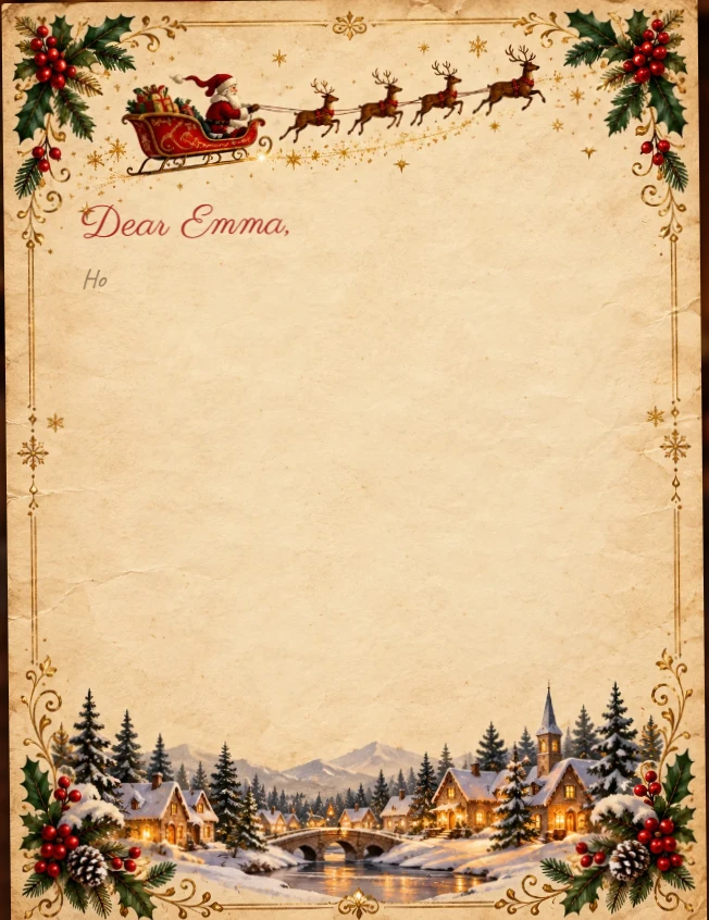 Sample Santa letter on vintage paper with holly and a sleigh